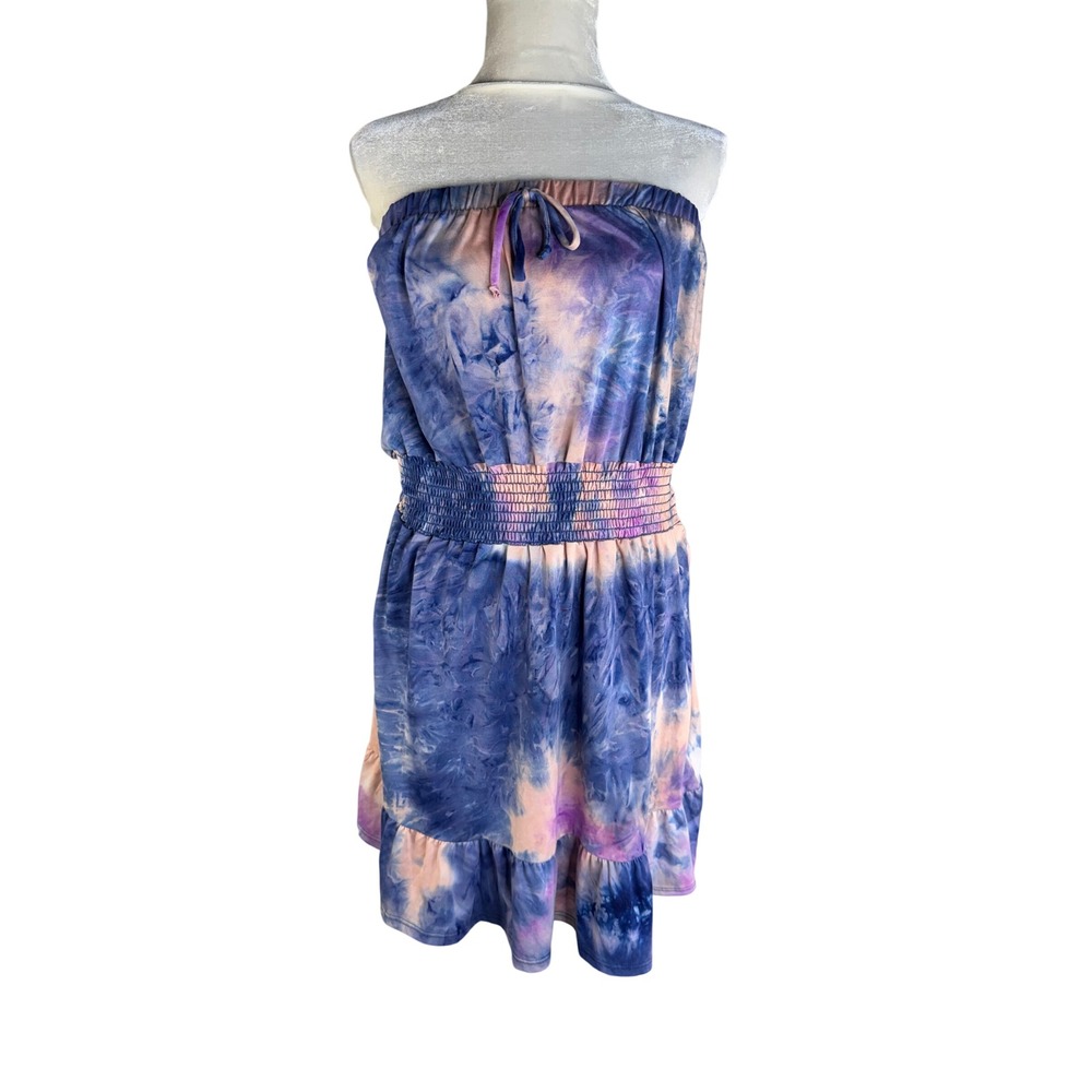 Venus Womens XL Strapless Tie Dye Mini Dress Blue Purple Smocked Waist Ruffle